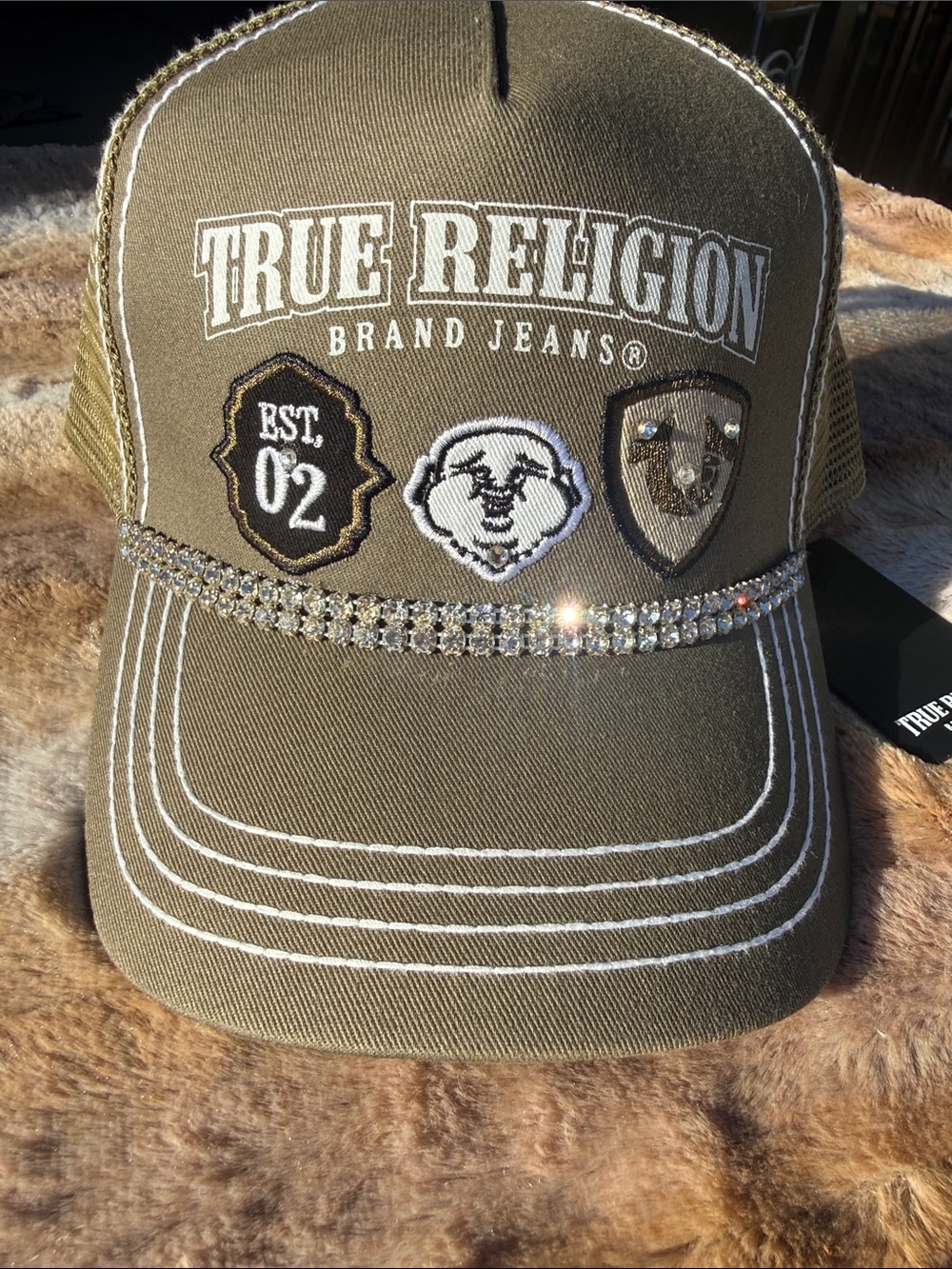 True Religion New Custom bling chain Olive Green Rhinestone Trim Mesh Back Cap